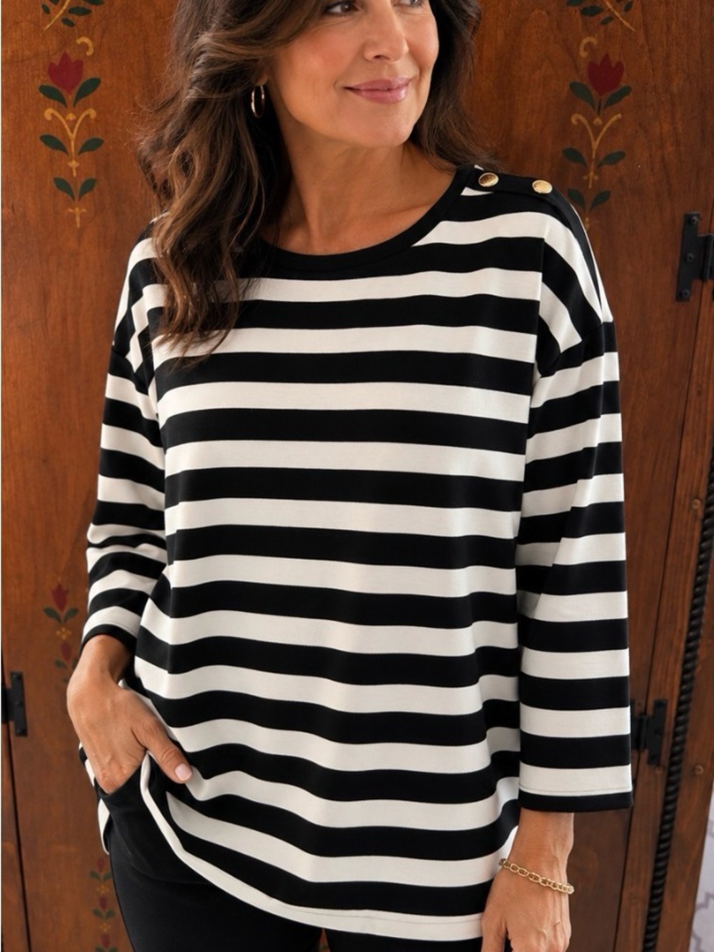 Anne Klein Black and White Striped Button-Shoulder Long Sleeve Tunic Top NWOT